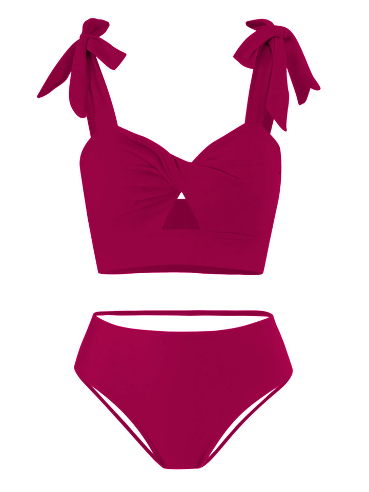 1940s Solid Shoulder Tie Hollow Swimsuit &amp; Cove-Up — 1940s poolside glamour meets sun-drenched confidence