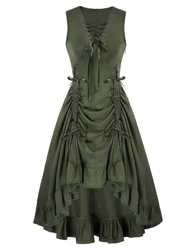 1940s Solid Sleeveless Drawstring Lace-Up Dress - vintage dress, retro fashion