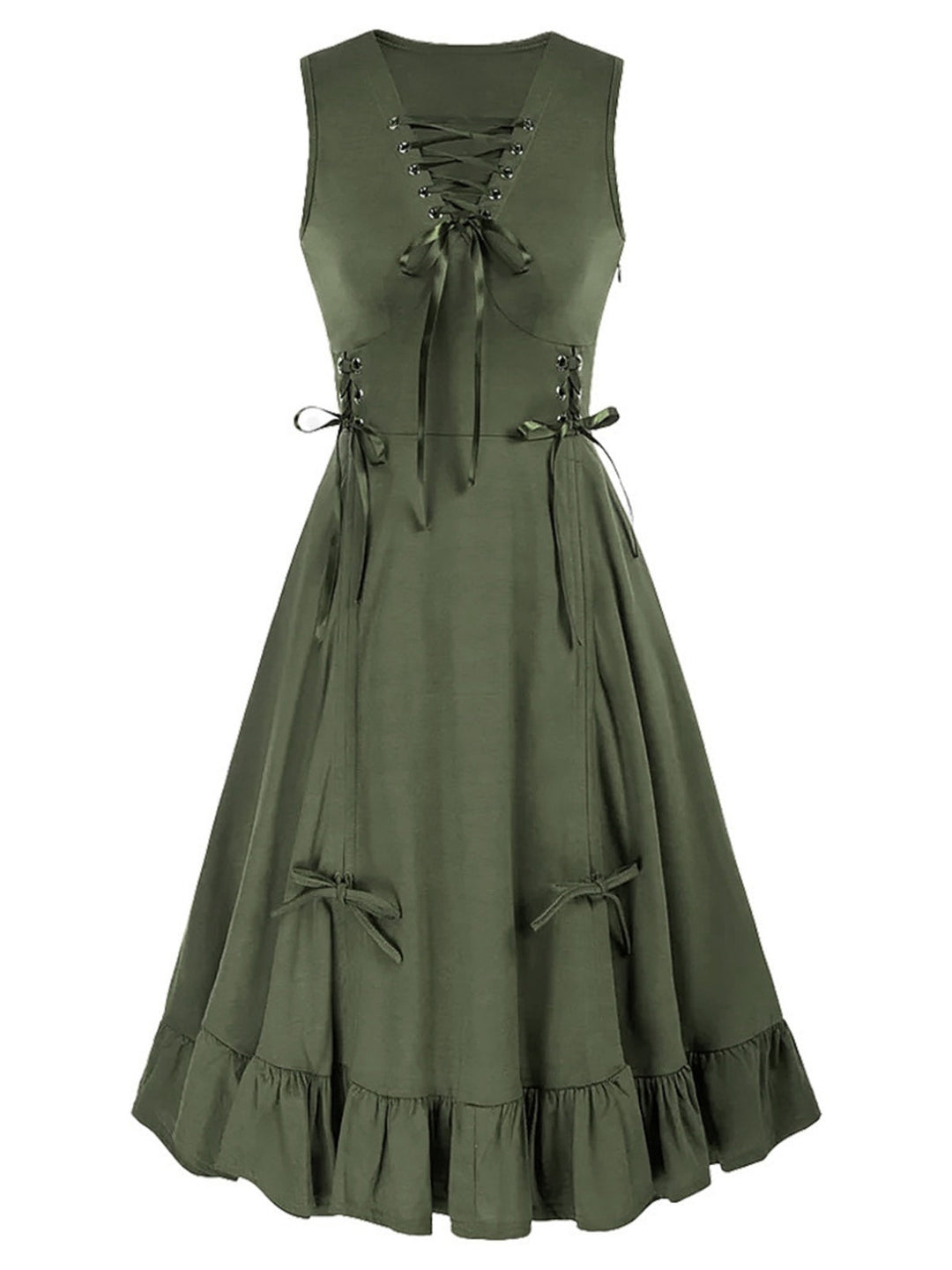 1940s Solid Sleeveless Drawstring Lace-Up Dress - vintage dress, retro fashion