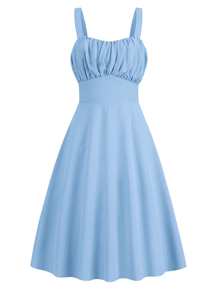 She slips into this 1940s Solid Suspender A-line Dress and suddenly it&