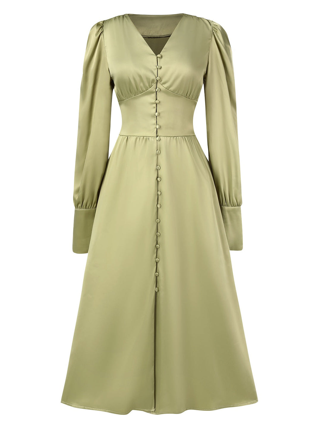 1940s Solid V-Neck Faux Satin Button Dress, vintage dress, retro fashion - perfect for women who love vintage and retro fashion