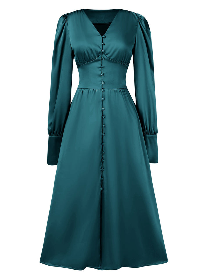 1940s Solid V-Neck Faux Satin Button Dress, vintage dress, retro fashion - perfect for women who love vintage and retro fashion