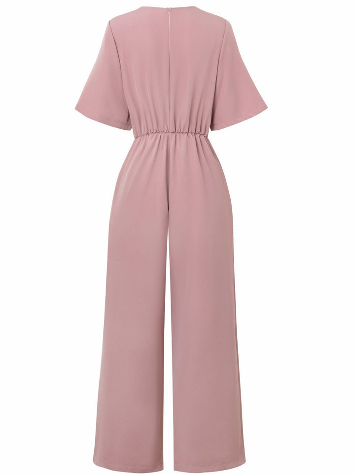 1940s Solid V-Neck Tie Short Sleeve Jumpsuit - vintage jumpsuit, retro fashion