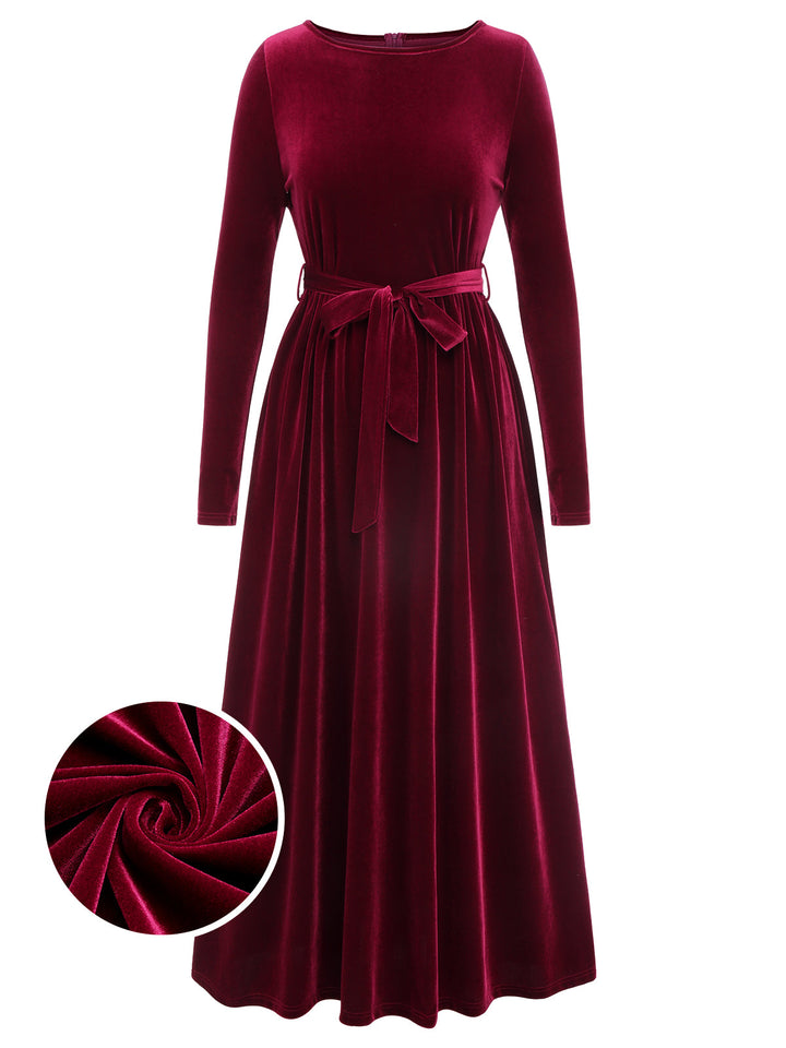 1940s Solid Velvet Belt Long Dress: timeless style reimagined