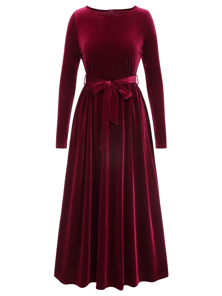 1940s Solid Velvet Belt Long Dress — vintage elegance for the modern woman