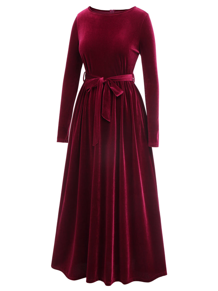 1940s Solid Velvet Belt Long Dress: timeless style reimagined