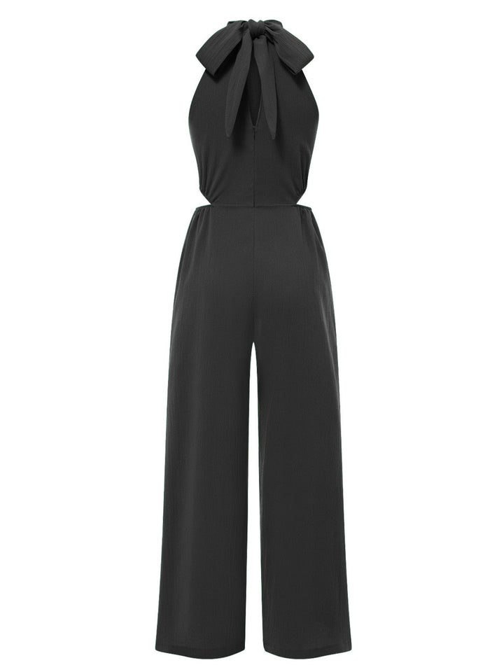 1940s Solid Waist Cutout Halter Wide-Leg Jumpsuit - vintage jumpsuit, retro fashion
