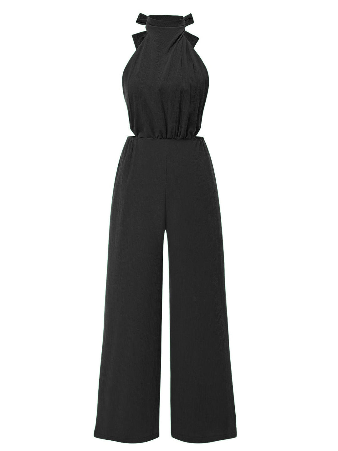 1940s Solid Waist Cutout Halter Wide-Leg Jumpsuit - vintage jumpsuit, retro fashion