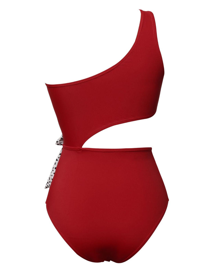 1940s Solid Waist Hollow Dots Bow Patchwork Swimsuit — because 1940s glamour never goes out of style