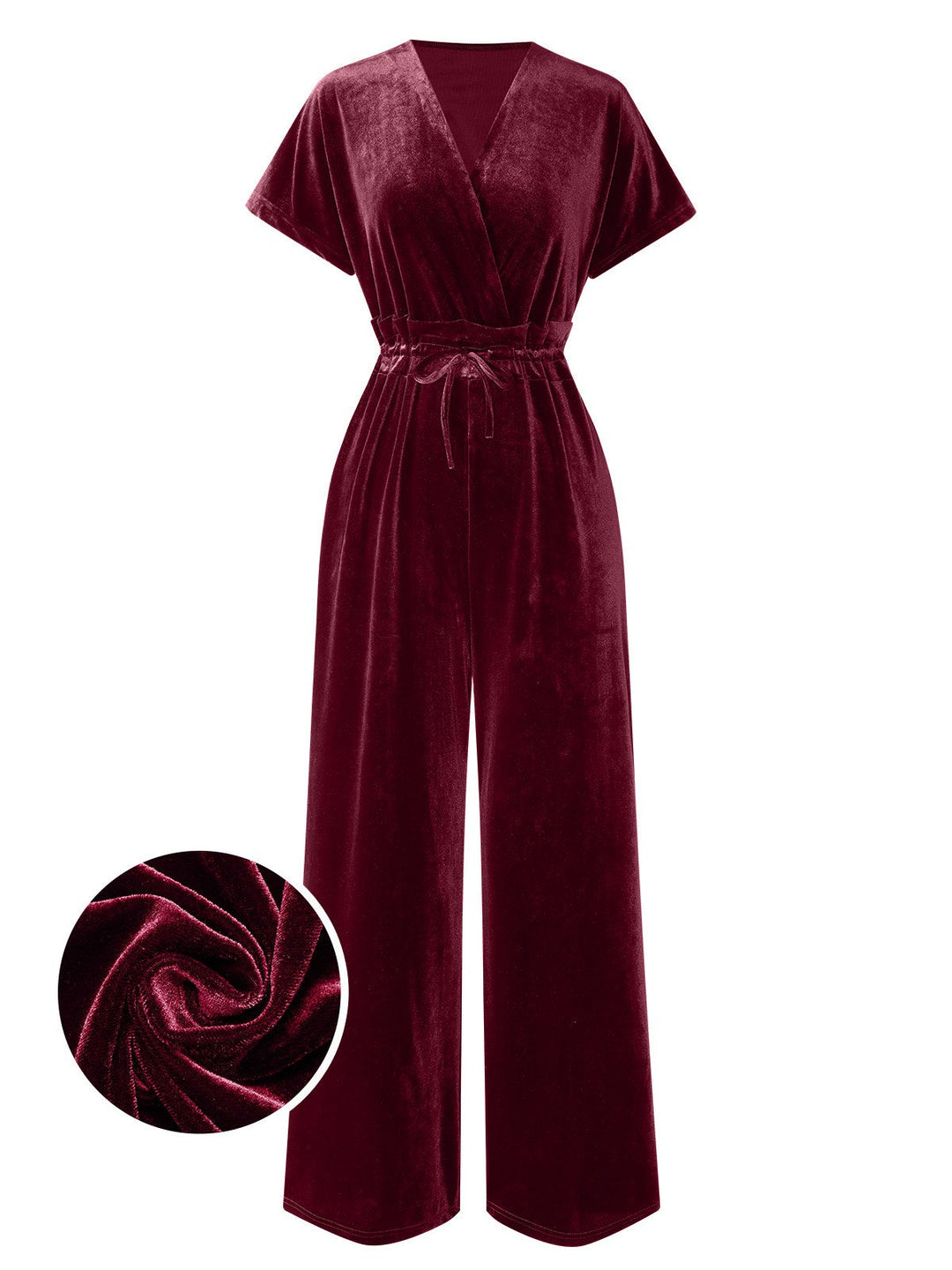 1940s Solid Waist Tie V-Neck Velvet Jumpsuit, vintage romper, retro jumpsuit - perfect for women who love vintage and retro fashion