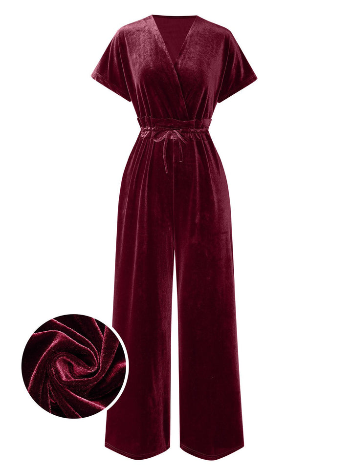 1940s Solid Waist Tie V-Neck Velvet Jumpsuit, vintage romper, retro jumpsuit - perfect for women who love vintage and retro fashion