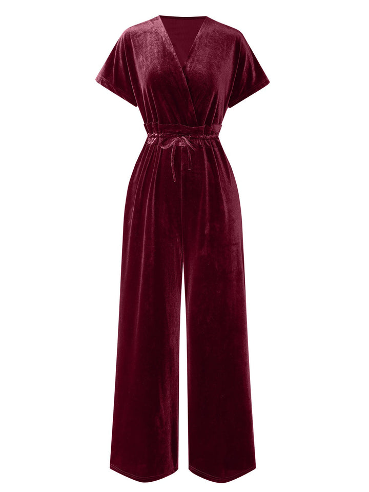 1940s Solid Waist Tie V-Neck Velvet Jumpsuit, vintage romper, retro jumpsuit - perfect for women who love vintage and retro fashion