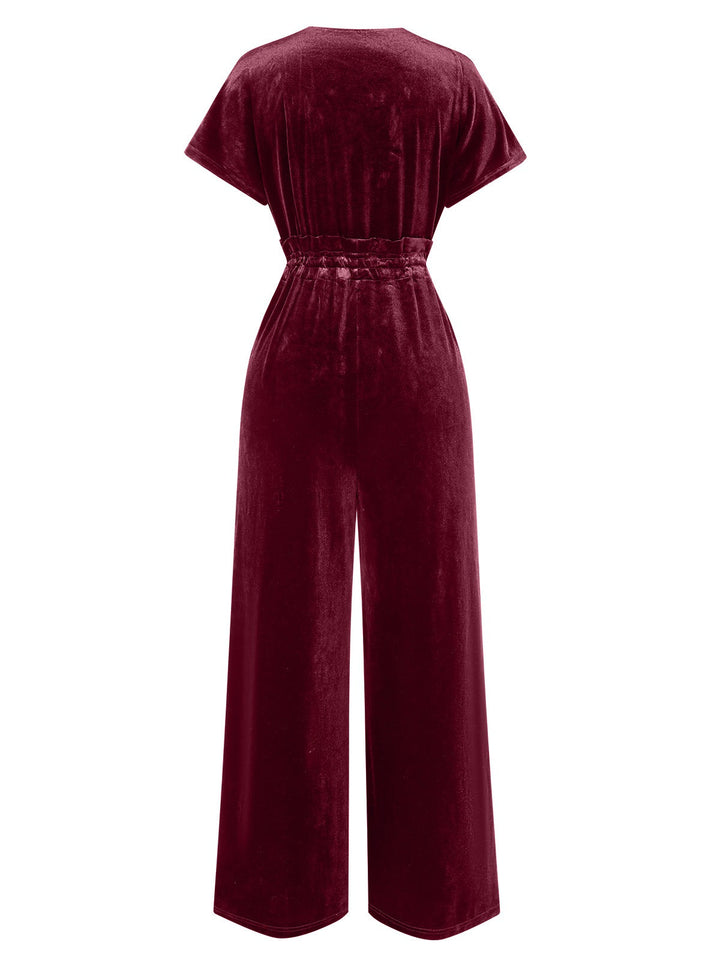 1940s Solid Waist Tie V-Neck Velvet Jumpsuit, vintage romper, retro jumpsuit - perfect for women who love vintage and retro fashion