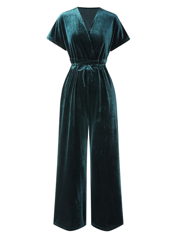 1940s Solid Waist Tie V-Neck Velvet Jumpsuit, vintage romper, retro jumpsuit - perfect for women who love vintage and retro fashion