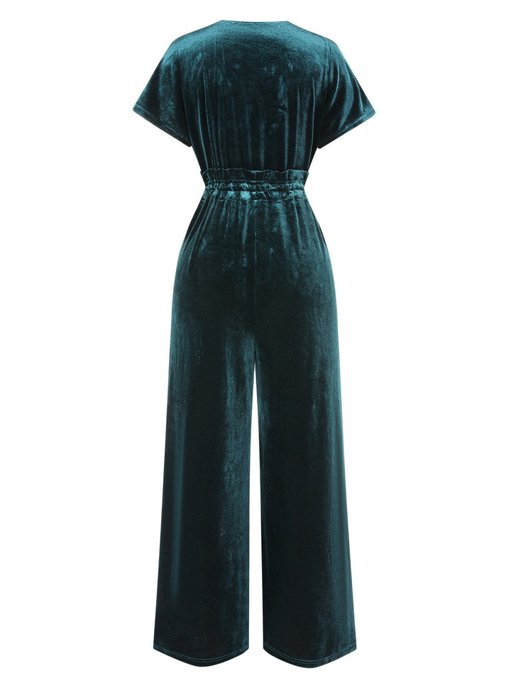 1940s Solid Waist Tie V-Neck Velvet Jumpsuit, vintage romper, retro jumpsuit - perfect for women who love vintage and retro fashion