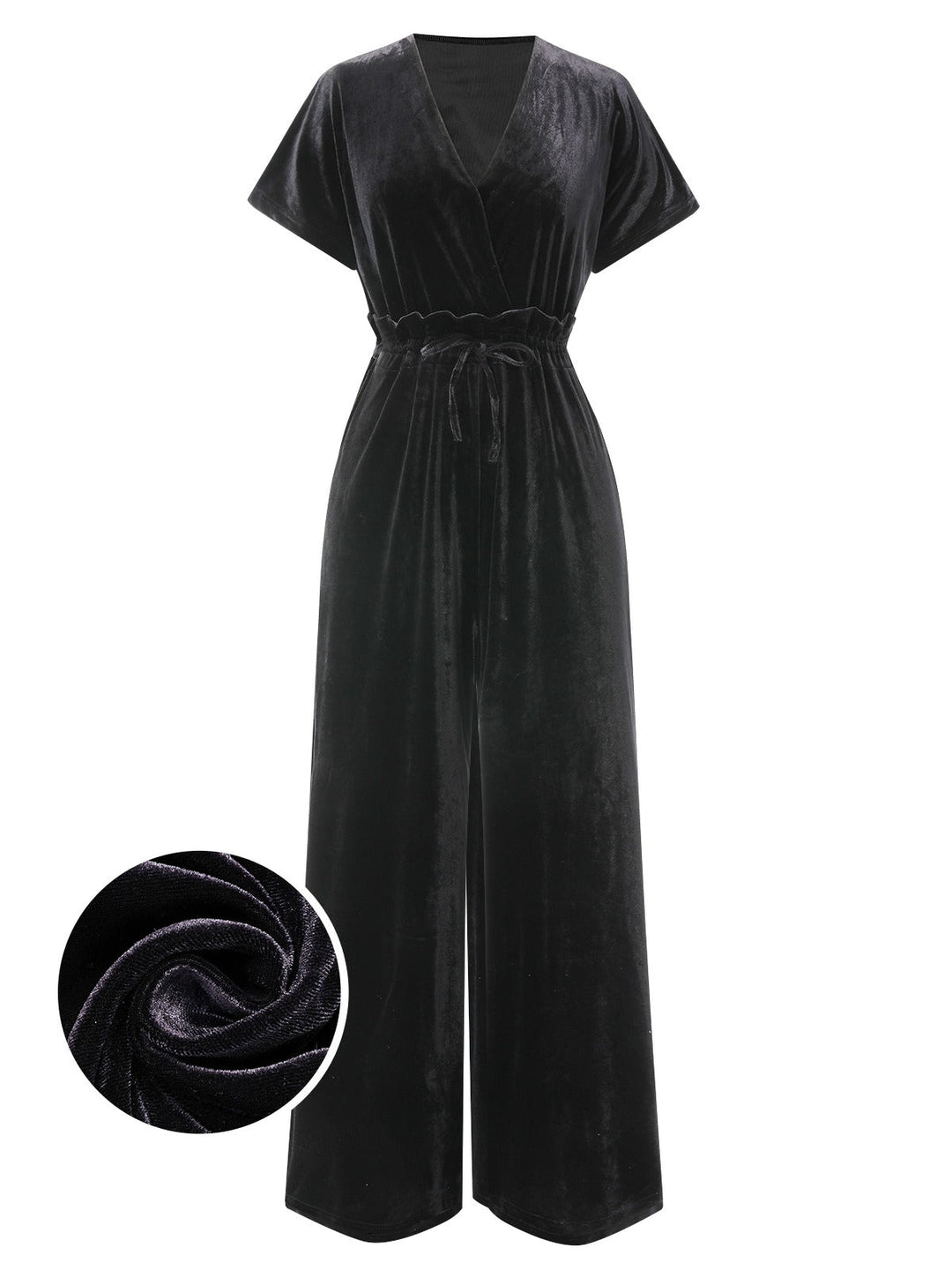 1940s Solid Waist Tie V-Neck Velvet Jumpsuit, vintage romper, retro jumpsuit - perfect for women who love vintage and retro fashion