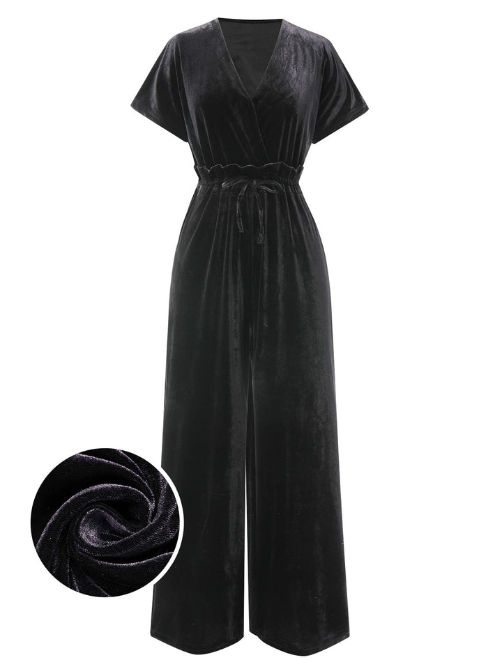 1940s Solid Waist Tie V-Neck Velvet Jumpsuit, vintage romper, retro jumpsuit - perfect for women who love vintage and retro fashion
