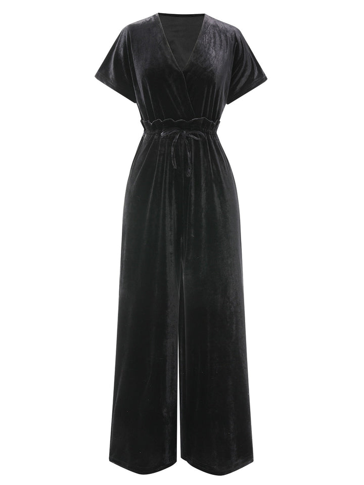1940s Solid Waist Tie V-Neck Velvet Jumpsuit, vintage romper, retro jumpsuit - perfect for women who love vintage and retro fashion