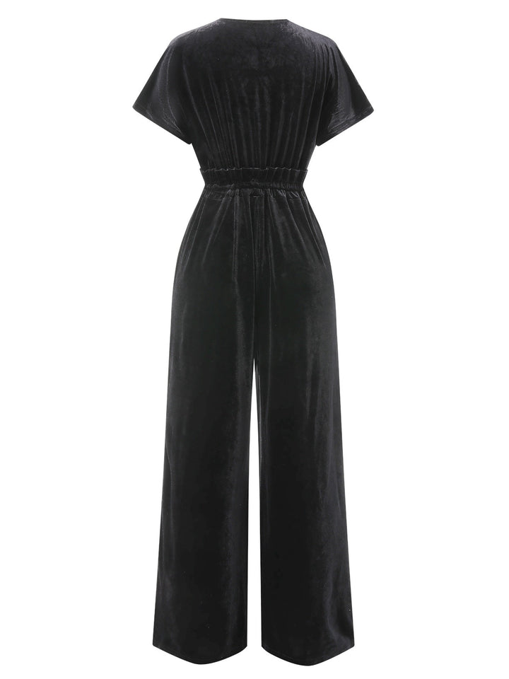 1940s Solid Waist Tie V-Neck Velvet Jumpsuit, vintage romper, retro jumpsuit - perfect for women who love vintage and retro fashion