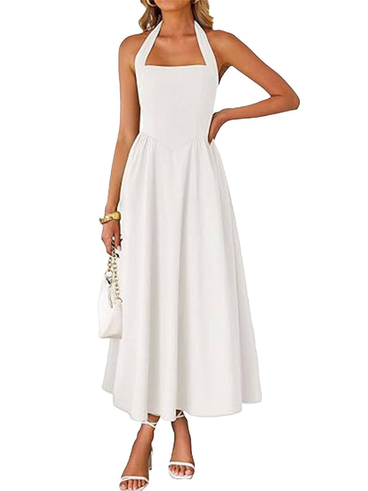 1940s Solid Wide-Strap Halter Backless Dress - vintage dress, retro fashion