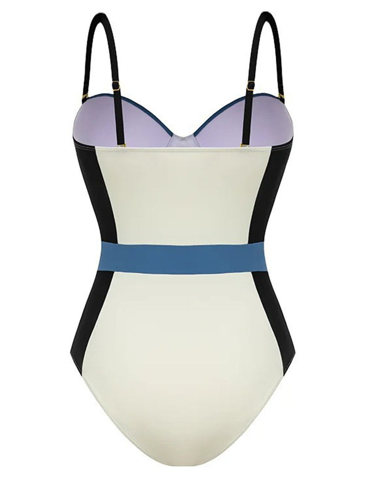1940s Spaghetti Strap Color Block One-Piece Swimsuit: 1940s Riviera elegance, reimagined for her