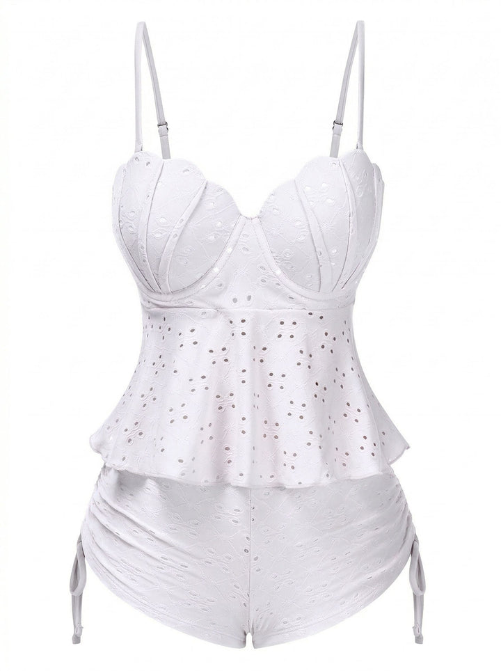 1940s Spaghetti Strap Eyelet Shell Tankini Set - vintage fashion, retro style