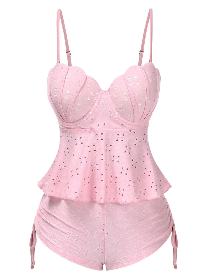 1940s Spaghetti Strap Eyelet Shell Tankini Set - vintage fashion, retro style