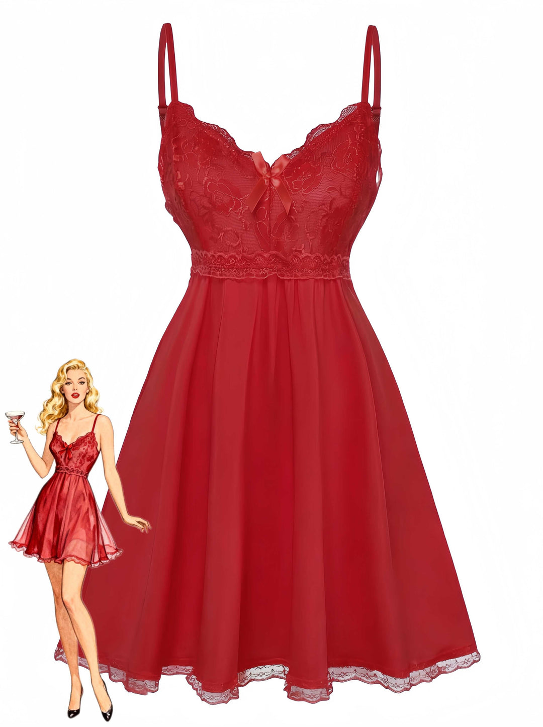 Spaghetti Strap Lace Bow Nightgown - vintage nightgown, retro sleepwear