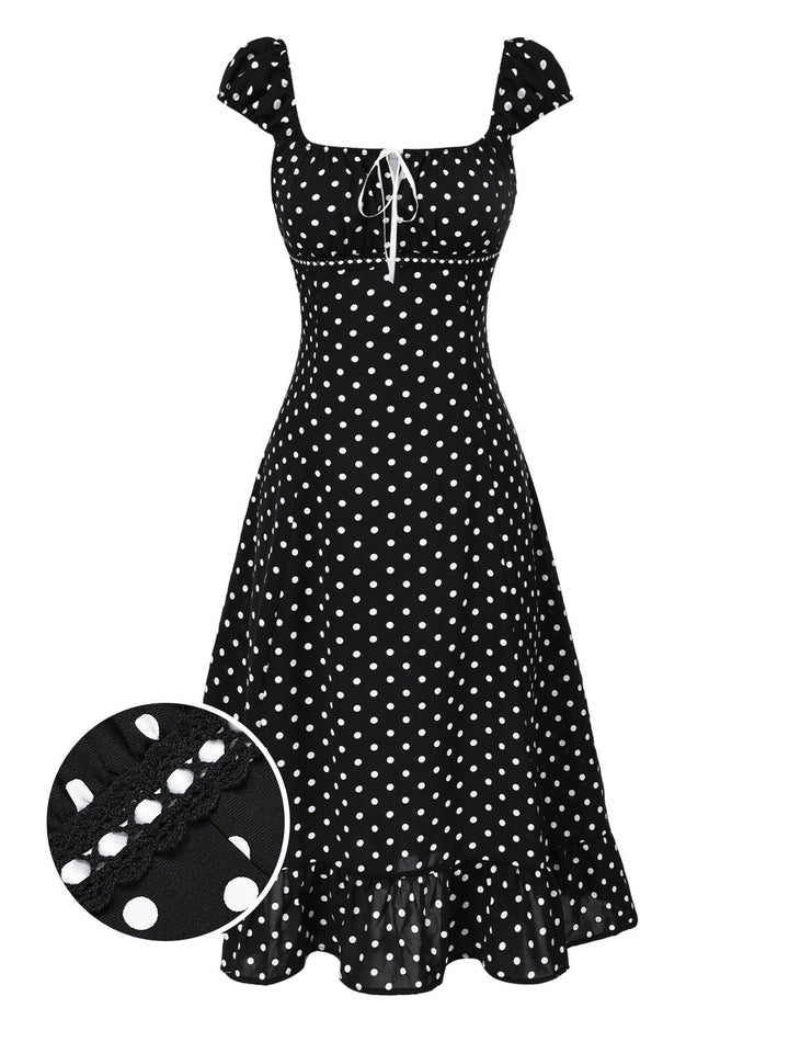 1940s Square Neck Polka Dot Ruffle Dress - vintage dress, retro fashion