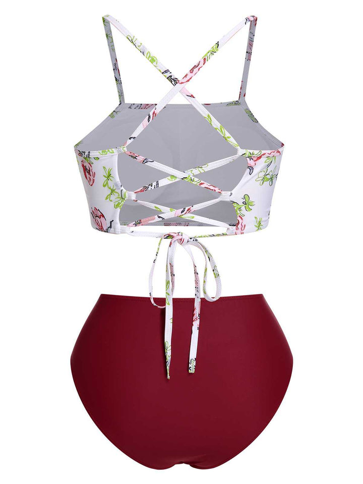1940s Strap Contrast Floral Lace-Up Swimsuit — because 1940s glamour never goes out of style