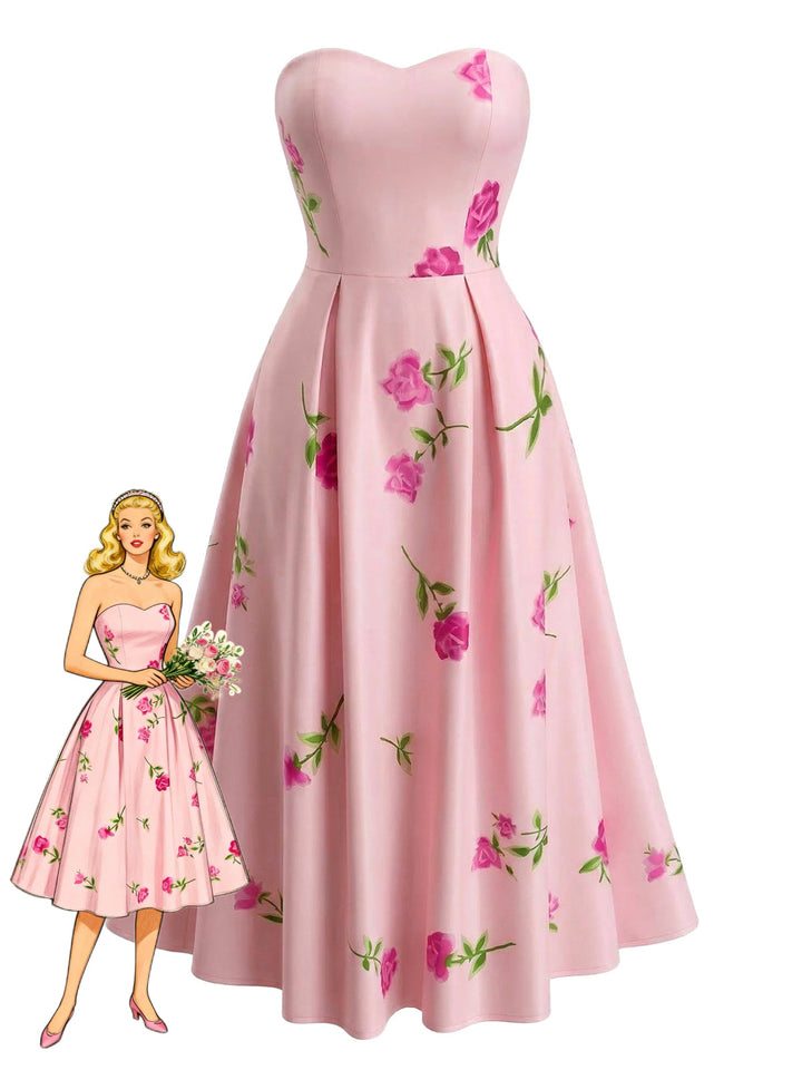 1940s Strapless Floral High Waist Swing Dress - vintage dress, retro fashion, rockabilly, pin-up fashion for vintage lovers