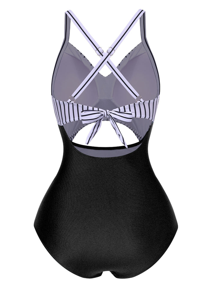 1940s Stripe Patchwork Hollow One-Piece Swimsuit: 1940s Riviera elegance, reimagined for her