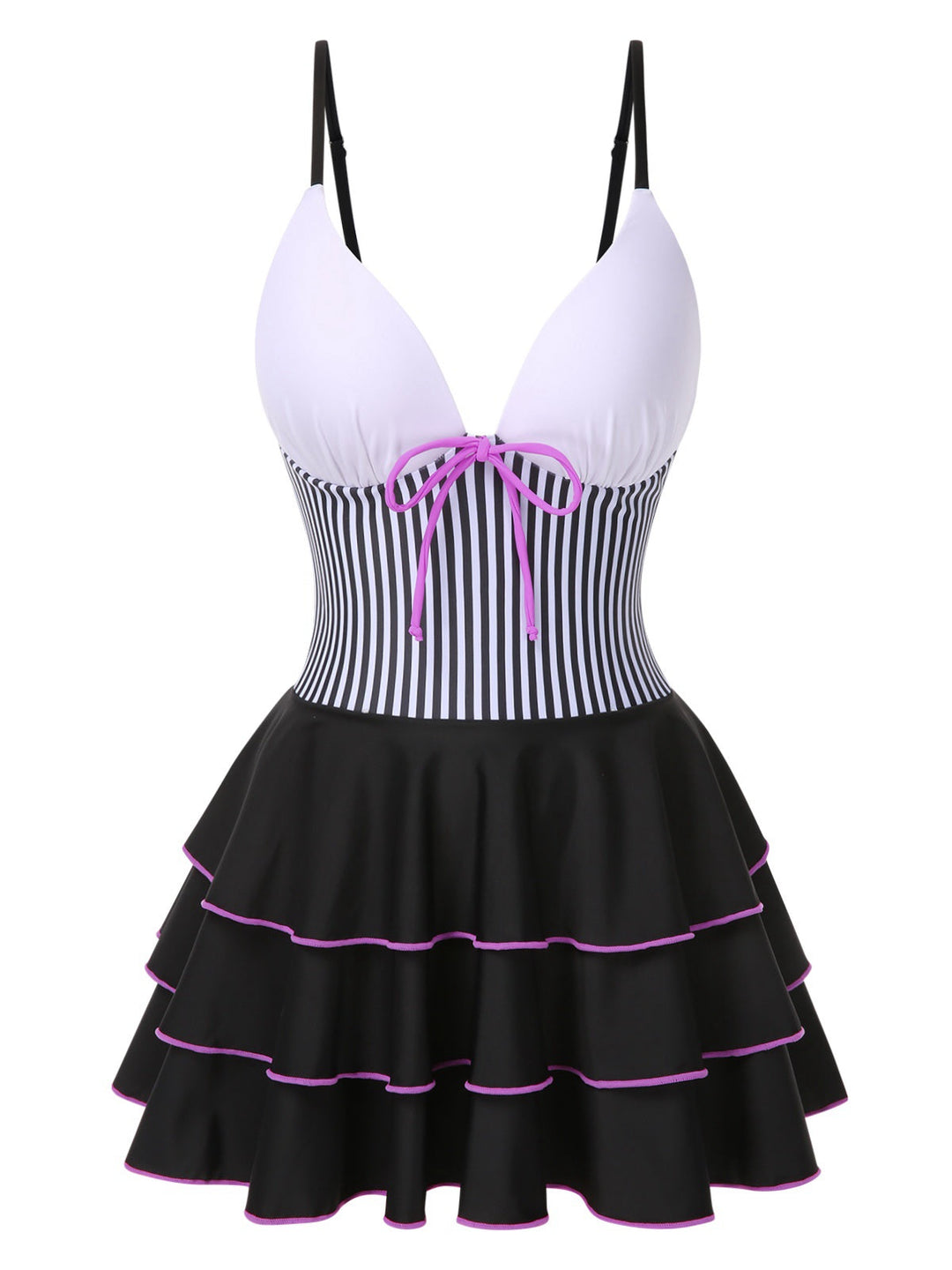 She slips into this 1940s Stripe Patchwork Layered Hem Swim Dress and suddenly it&