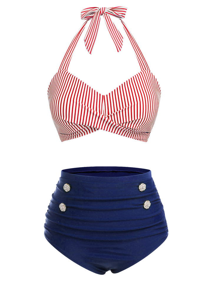 Striped Halter Swimsuit Set - vintage swimsuit, style