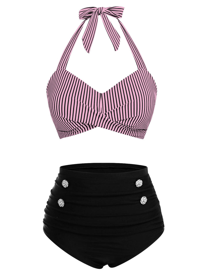 Striped Halter Swimsuit Set - vintage swimsuit, style