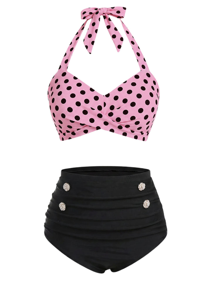 Pink Polka Dot Halter Swimsuit Set, vintage swimsuit, swimwear, retro beach style, women, elegant