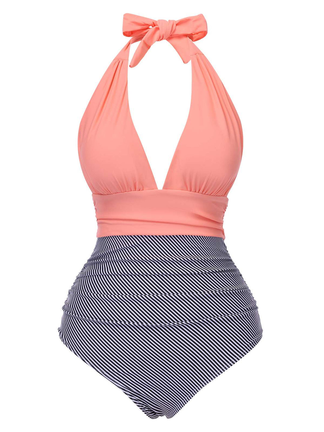 1940s Stripes Backless Halter Ruched Swimsuit — because 1940s glamour never goes out of style