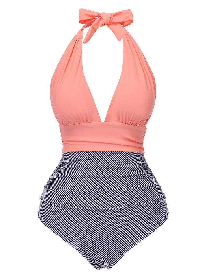 1940s Stripes Backless Halter Ruched Swimsuit — because 1940s glamour never goes out of style