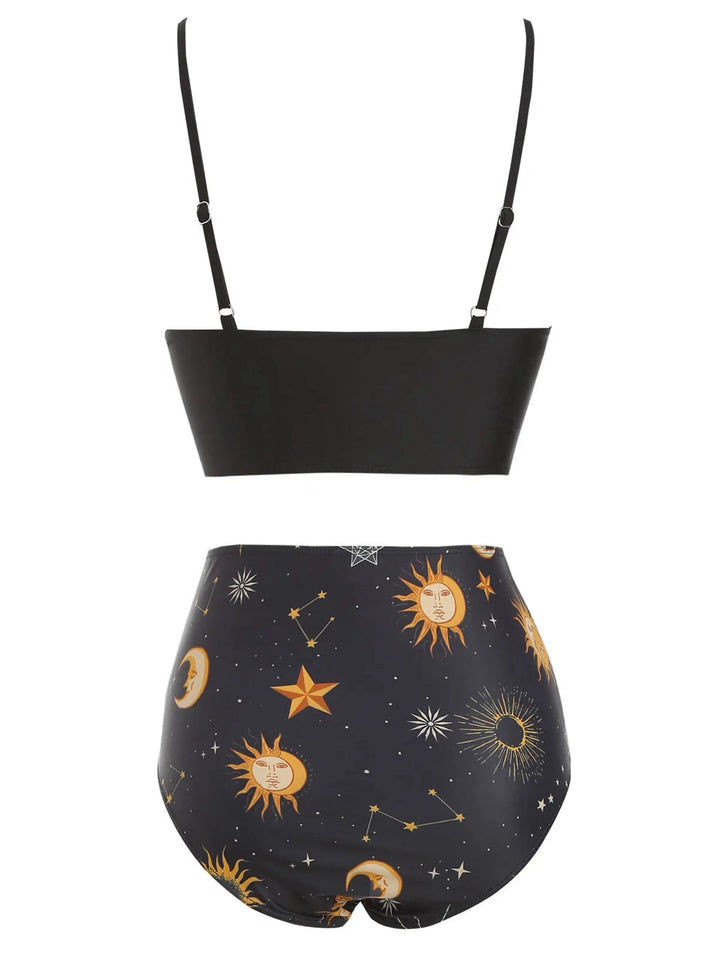 1940s Sun Moon Stars Lace-Up Swimsuit: 1940s Riviera elegance, reimagined for her