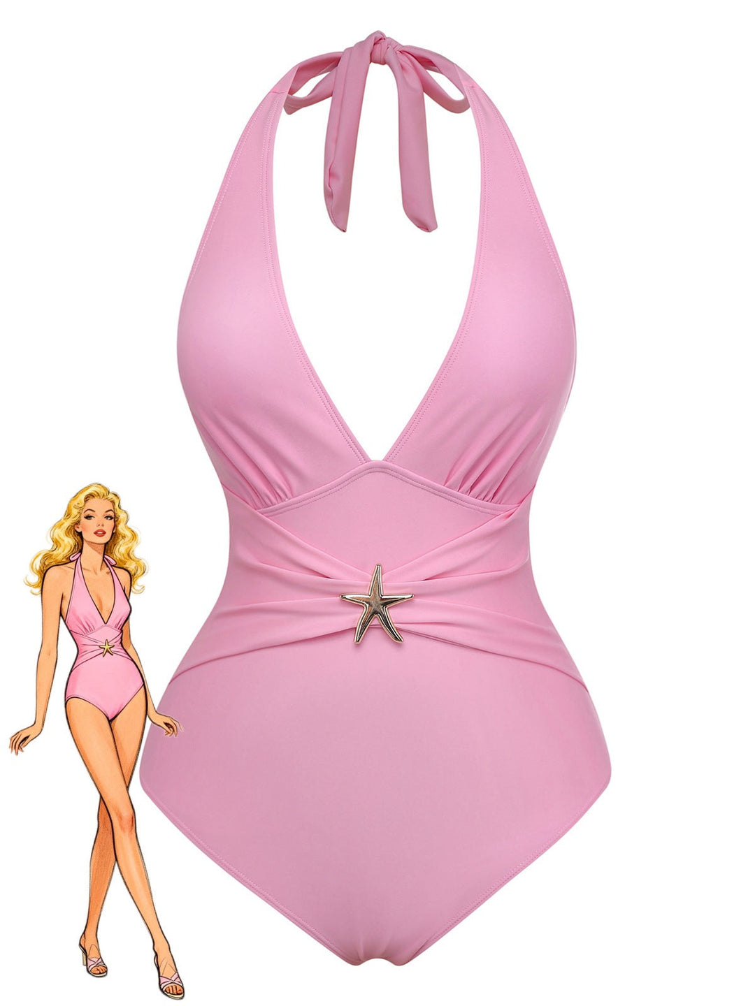 2PCS 1940s Deep V Halter Starfish One-Piece Swimsuit &amp; Cover-Up - vintage swimsuit, pin-up style