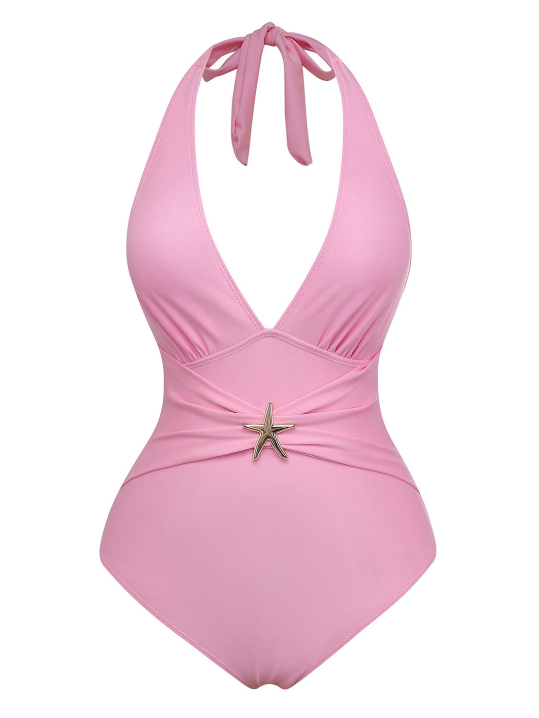 2PCS 1940s Deep V Halter Starfish One-Piece Swimsuit &amp; Cover-Up - vintage swimsuit, pin-up style
