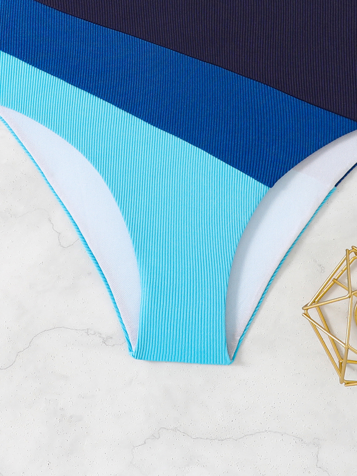 Blue 1940s One-Shoulder Striped Colorblock One-Piece Swimsuit - vintage swimsuit, pin-up style