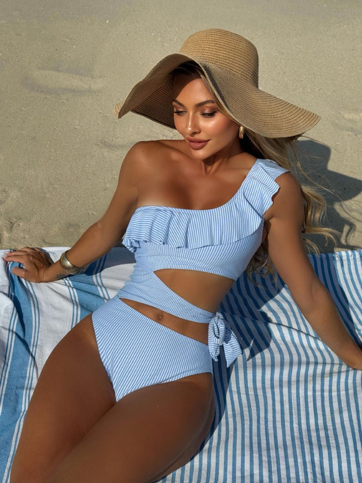 Blue 1940s Striped One-Shoulder Cutout One-Piece Swimsuit - vintage swimsuit, pin-up style