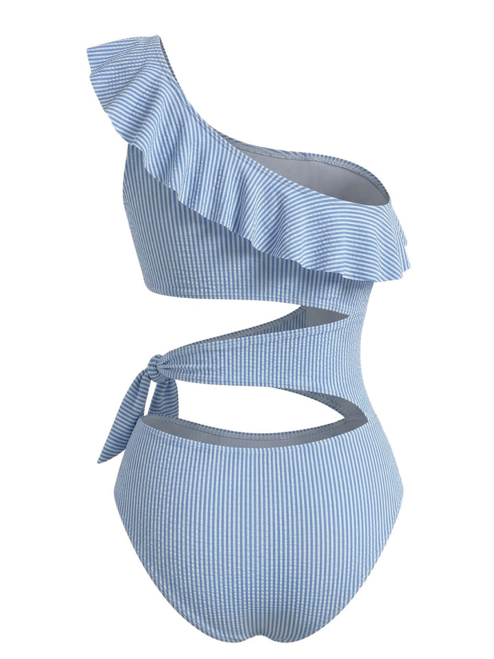 Blue 1940s Striped One-Shoulder Cutout One-Piece Swimsuit - vintage swimsuit, pin-up style