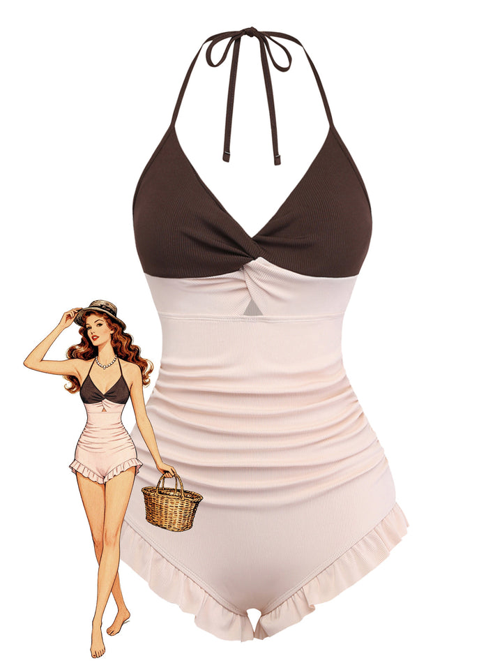 Brown &amp; Pink 1940s Color-Block Ruffled High-Waisted Swimsuit - vintage swimsuit, pin-up style