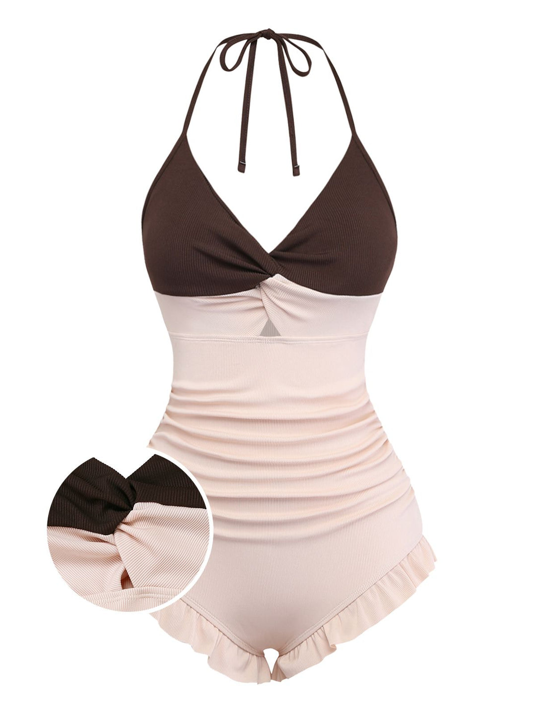 Brown &amp; Pink 1940s Color-Block Ruffled High-Waisted Swimsuit - vintage swimsuit, pin-up style