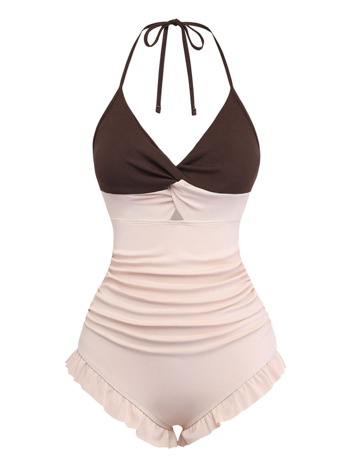 Brown &amp; Pink 1940s Color-Block Ruffled High-Waisted Swimsuit - vintage swimsuit, pin-up style