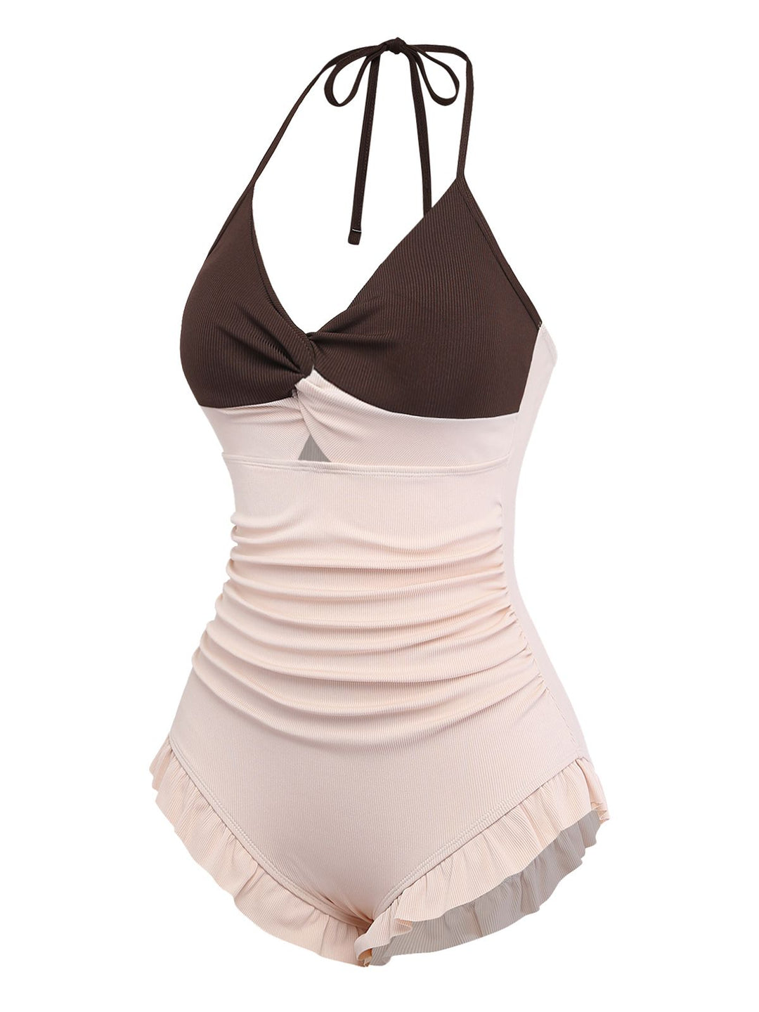 Brown &amp; Pink 1940s Color-Block Ruffled High-Waisted Swimsuit - vintage swimsuit, pin-up style