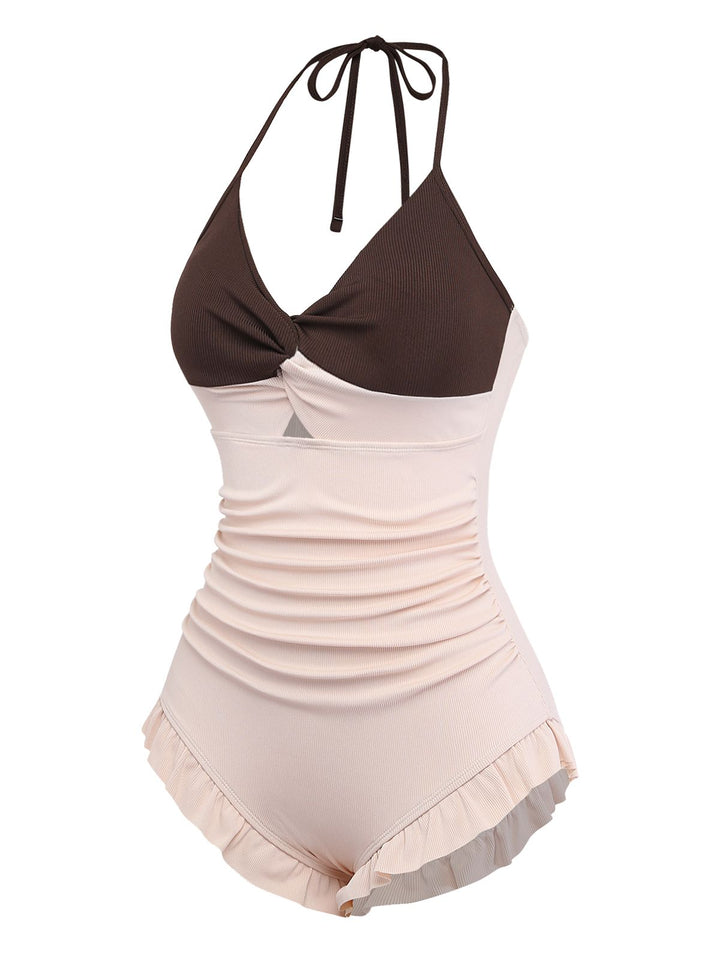 Brown &amp; Pink 1940s Color-Block Ruffled High-Waisted Swimsuit - vintage swimsuit, pin-up style