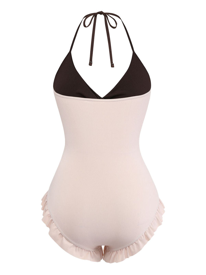 Brown &amp; Pink 1940s Color-Block Ruffled High-Waisted Swimsuit - vintage swimsuit, pin-up style